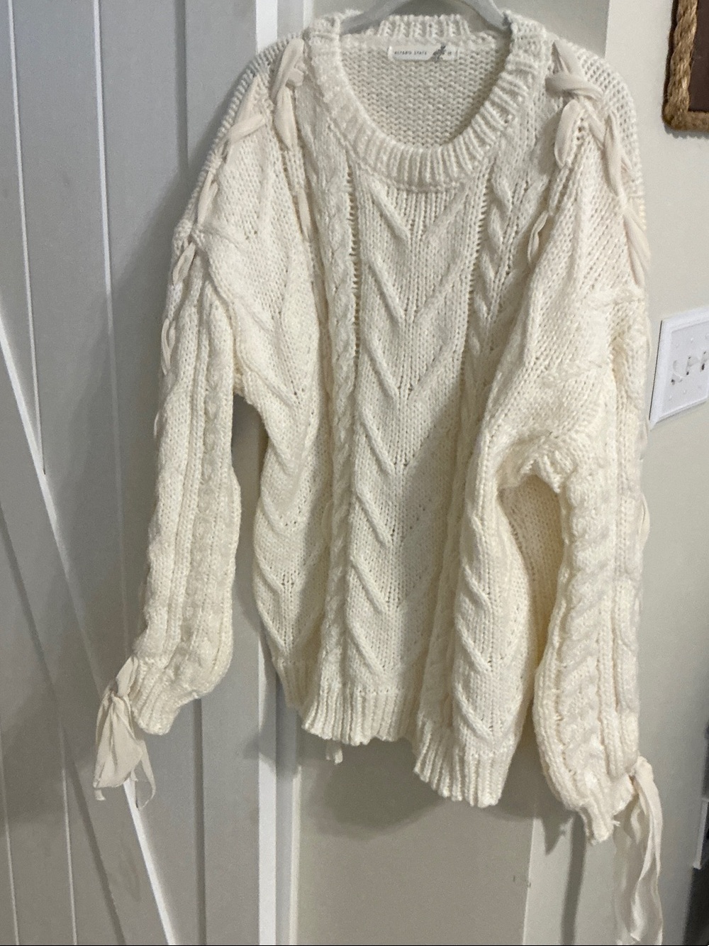 Altar'd State Cream Cable Knit Sweater with Shoulder & Cuff Ties